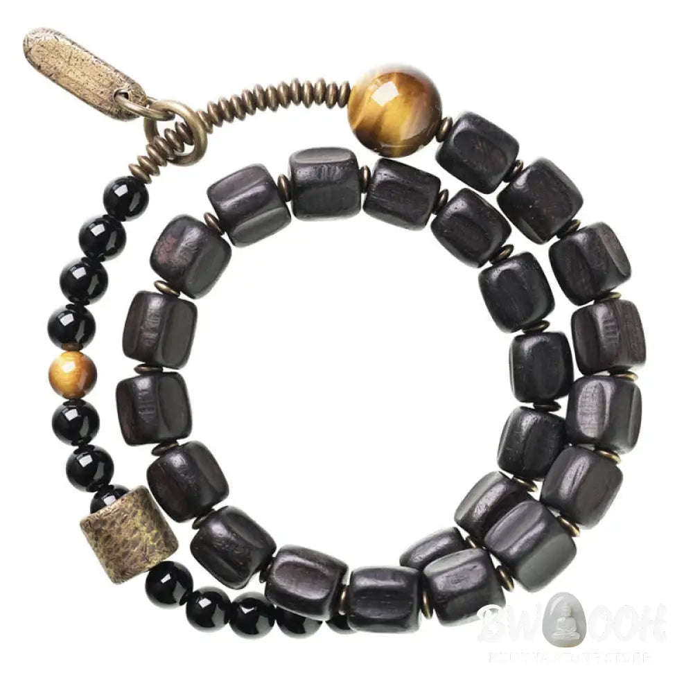 Buddha Stones Ebony Wood Copper Brass Tiger Eye Peace Double Wrap Bracelet - BWOOOH - Bracelet