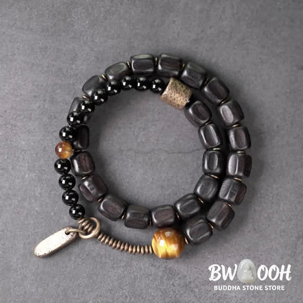 Buddha Stones Ebony Wood Copper Brass Tiger Eye Peace Double Wrap Bracelet - BWOOOH - Bracelet