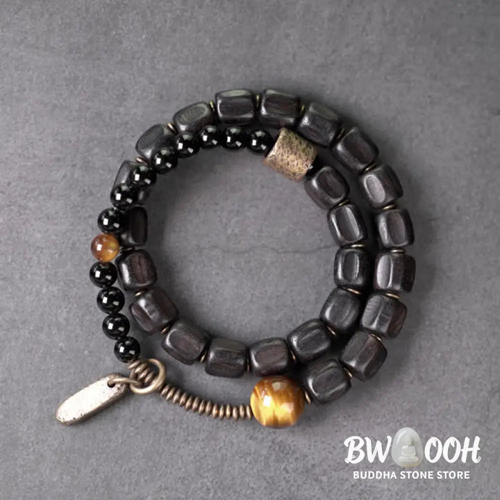 Buddha Stones Ebony Wood Copper Brass Tiger Eye Peace Double Wrap Bracelet - BWOOOH - Bracelet