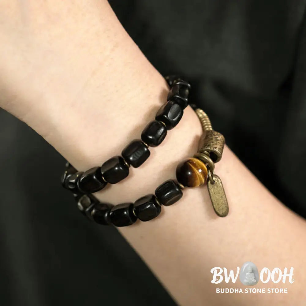 Buddha Stones Ebony Wood Copper Brass Tiger Eye Peace Double Wrap Bracelet - BWOOOH - Bracelet