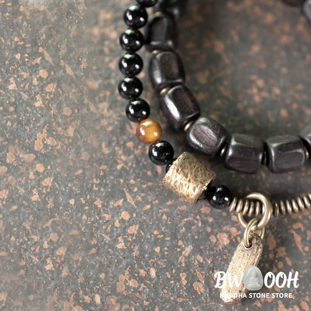 Buddha Stones Ebony Wood Copper Brass Tiger Eye Peace Double Wrap Bracelet - BWOOOH - Bracelet