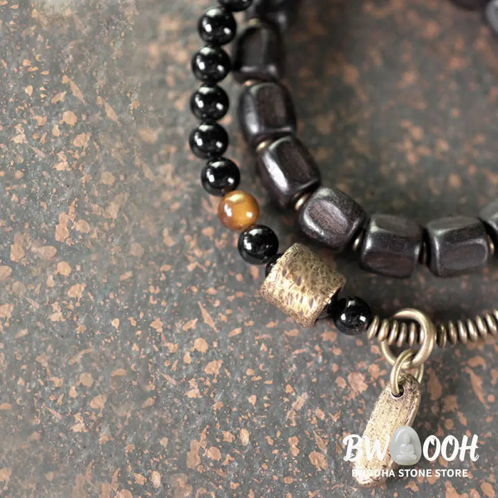 Buddha Stones Ebony Wood Copper Brass Tiger Eye Peace Double Wrap Bracelet - BWOOOH - Bracelet