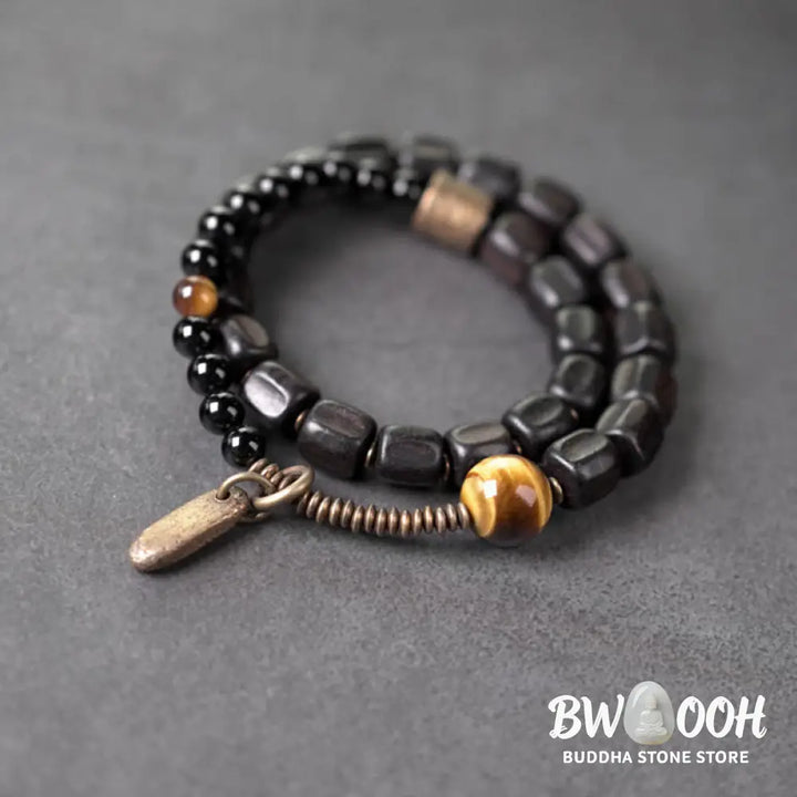 Buddha Stones Ebony Wood Copper Brass Tiger Eye Peace Double Wrap Bracelet - BWOOOH - Bracelet