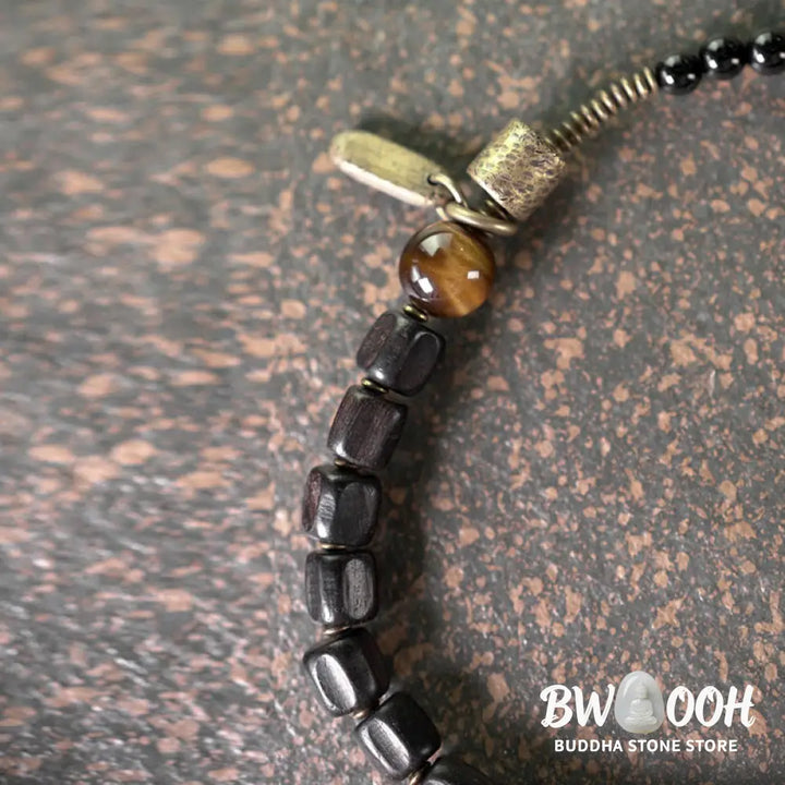 Buddha Stones Ebony Wood Copper Brass Tiger Eye Peace Double Wrap Bracelet - BWOOOH - Bracelet