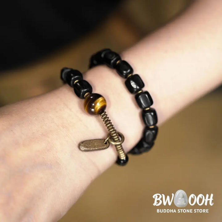 Buddha Stones Ebony Wood Copper Brass Tiger Eye Peace Double Wrap Bracelet - BWOOOH - Bracelet