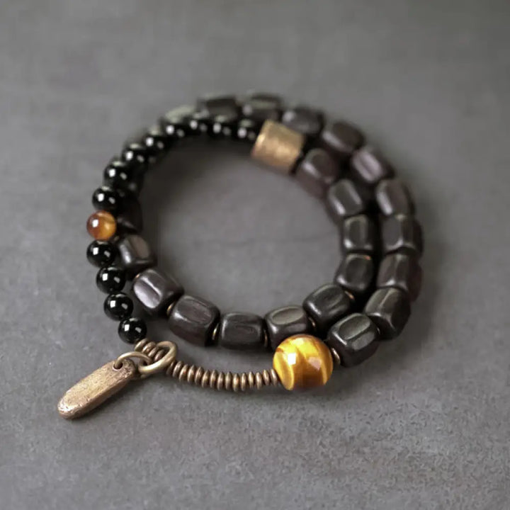 BWOOOH Ebony Wood Copper Brass Tiger Eye Peace Double Wrap Bracelet - BWOOOH - Ebony Wood Brass Tiger Eye(Wrist
