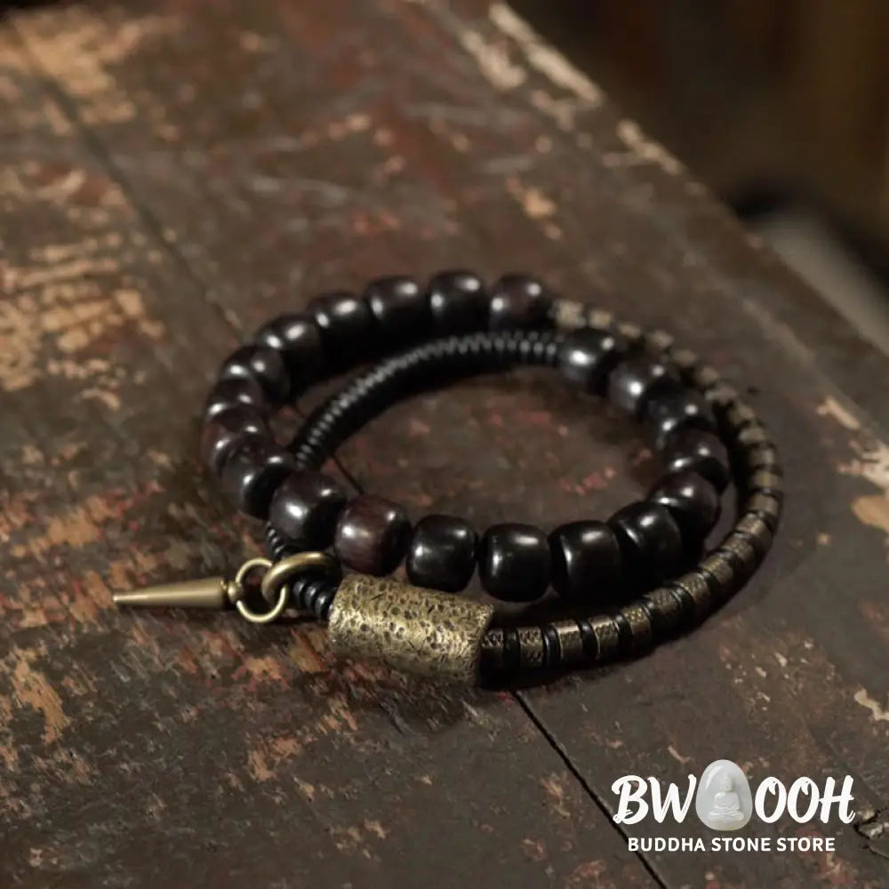 Buddha Stones Ebony Wood Copper Brass Vintage Bead Cone Double Wrap Balance Bracelet - BWOOOH - Bracelet