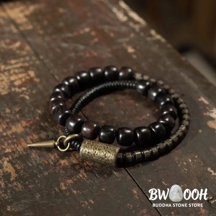 Buddha Stones Ebony Wood Copper Brass Vintage Bead Cone Double Wrap Balance Bracelet - BWOOOH - Bracelet