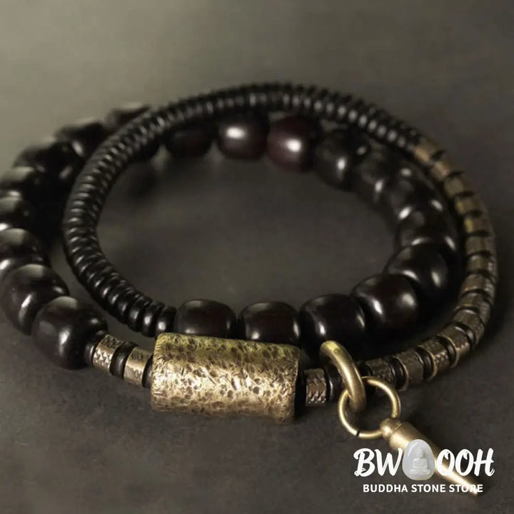 Buddha Stones Ebony Wood Copper Brass Vintage Bead Cone Double Wrap Balance Bracelet - BWOOOH - Bracelet