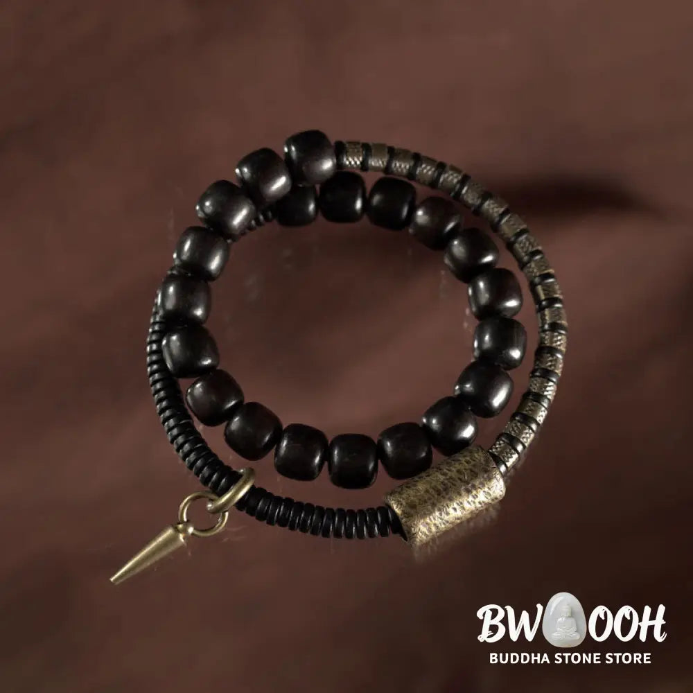 Buddha Stones Ebony Wood Copper Brass Vintage Bead Cone Double Wrap Balance Bracelet - BWOOOH - Bracelet