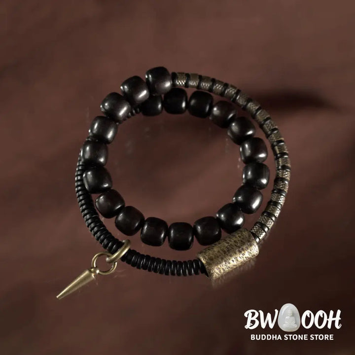 Buddha Stones Ebony Wood Copper Brass Vintage Bead Cone Double Wrap Balance Bracelet - BWOOOH - Bracelet