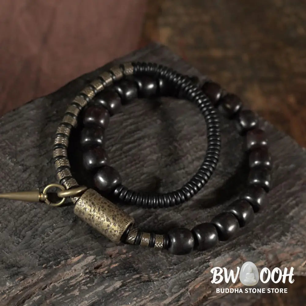 Buddha Stones Ebony Wood Copper Brass Vintage Bead Cone Double Wrap Balance Bracelet - BWOOOH - Bracelet