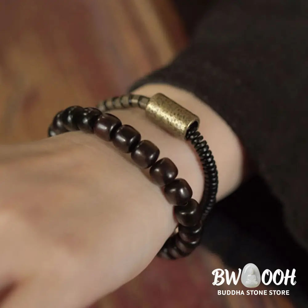 Buddha Stones Ebony Wood Copper Brass Vintage Bead Cone Double Wrap Balance Bracelet - BWOOOH - Bracelet
