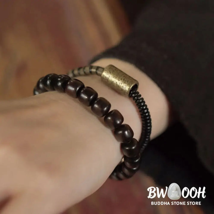 Buddha Stones Ebony Wood Copper Brass Vintage Bead Cone Double Wrap Balance Bracelet - BWOOOH - Bracelet