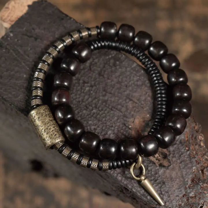 BWOOOH Ebony Wood Copper Brass Vintage Bead Cone Double Wrap Balance Bracelet - BWOOOH - Ebony Wood Brass(Wrist