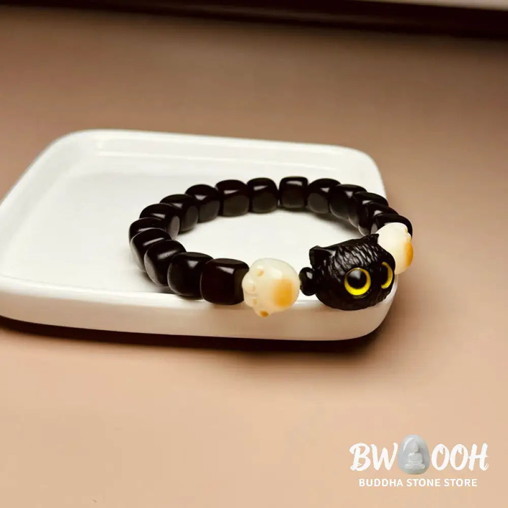 Buddha Stones Ebony Wood Cute Cat Bodhi Seed Paw Claw Peace Bracelet - BWOOOH - Ebony Wood(Wrist Circumference 14-16cm)