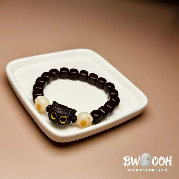Buddha Stones Ebony Wood Cute Cat Bodhi Seed Paw Claw Peace Bracelet - BWOOOH - Ebony Wood(Wrist Circumference 14-16cm)