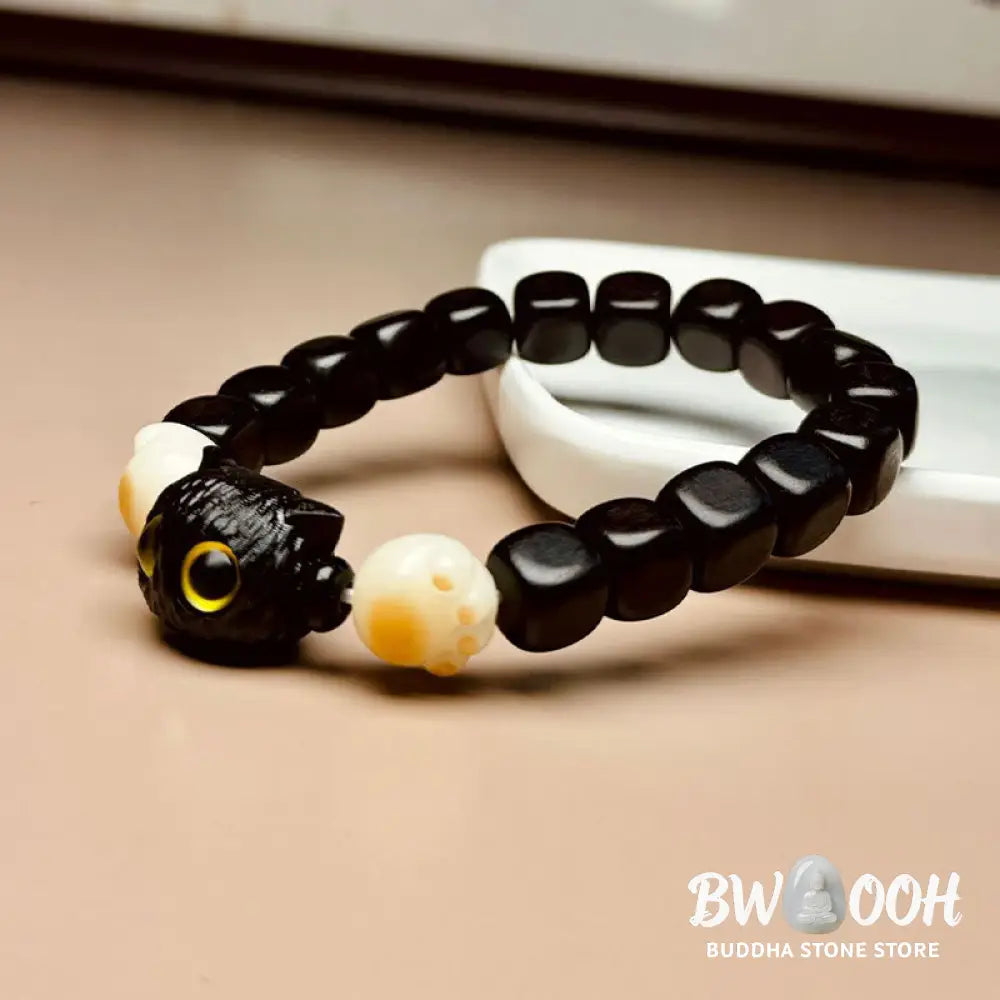 Buddha Stones Ebony Wood Cute Cat Bodhi Seed Paw Claw Peace Bracelet - BWOOOH - Ebony Wood(Wrist Circumference 14-16cm)