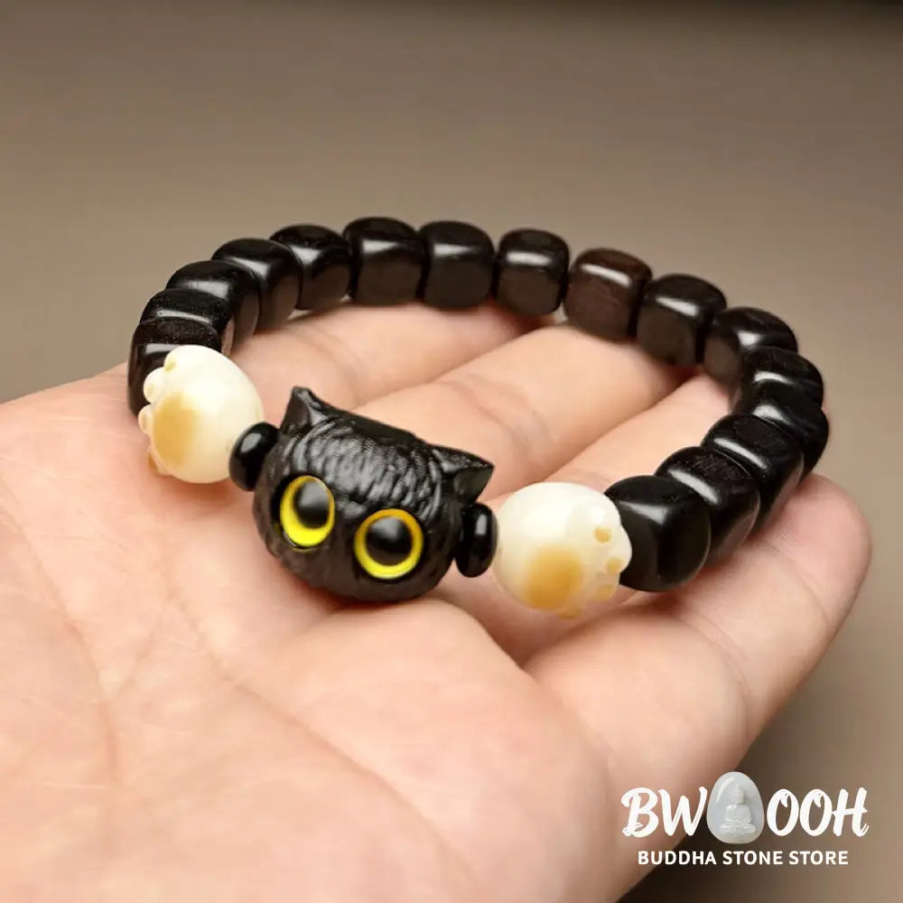 Buddha Stones Ebony Wood Cute Cat Bodhi Seed Paw Claw Peace Bracelet - BWOOOH - Ebony Wood(Wrist Circumference 14-16cm)