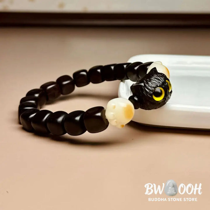 Buddha Stones Ebony Wood Cute Cat Bodhi Seed Paw Claw Peace Bracelet - BWOOOH - Ebony Wood(Wrist Circumference 14-16cm)