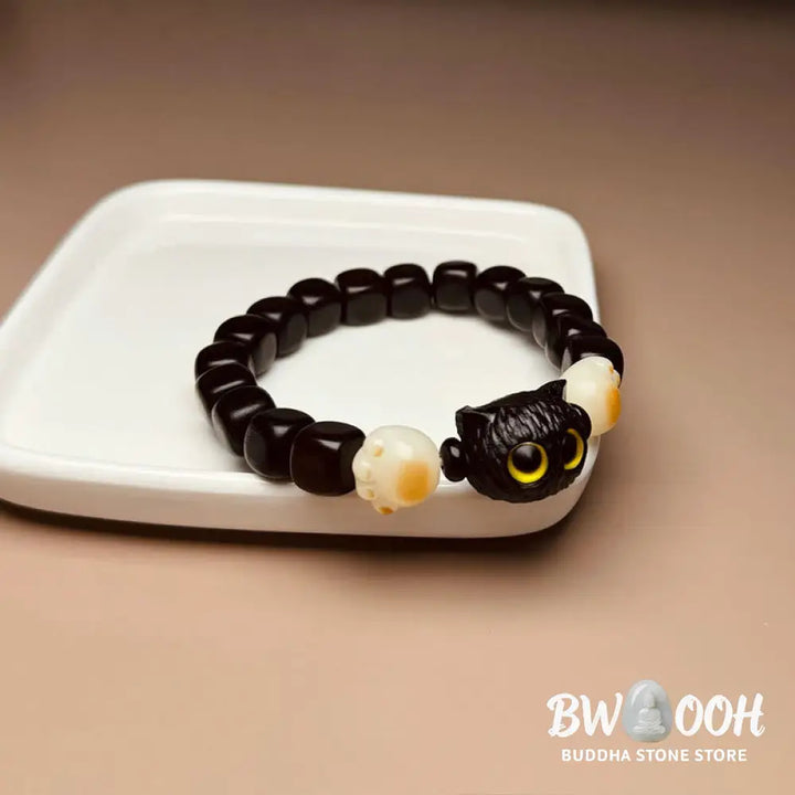 Buddha Stones Ebony Wood Cute Cat Bodhi Seed Paw Claw Peace Bracelet - BWOOOH - Ebony Wood(Wrist Circumference 14-16cm)