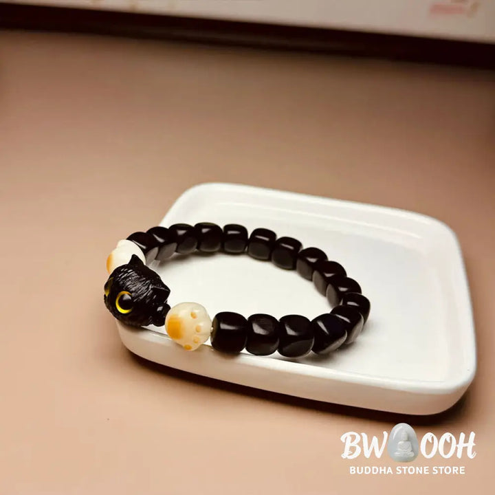 Buddha Stones Ebony Wood Cute Cat Bodhi Seed Paw Claw Peace Bracelet - BWOOOH - Ebony Wood(Wrist Circumference 14-16cm)