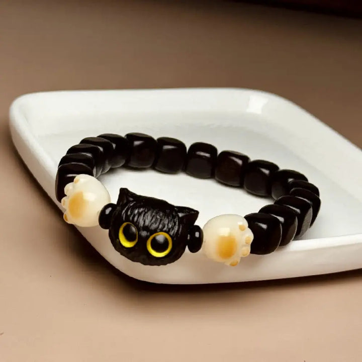 BWOOOH Ebony Wood Cute Cat Bodhi Seed Paw Claw Peace Bracelet - BWOOOH - Ebony Wood(Wrist Circumference 14-16cm)