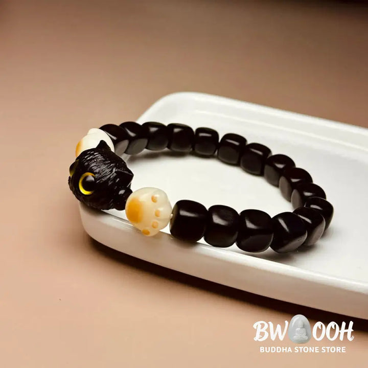 Buddha Stones Ebony Wood Cute Cat Bodhi Seed Paw Claw Peace Bracelet - BWOOOH - Ebony Wood(Wrist Circumference 14-16cm)