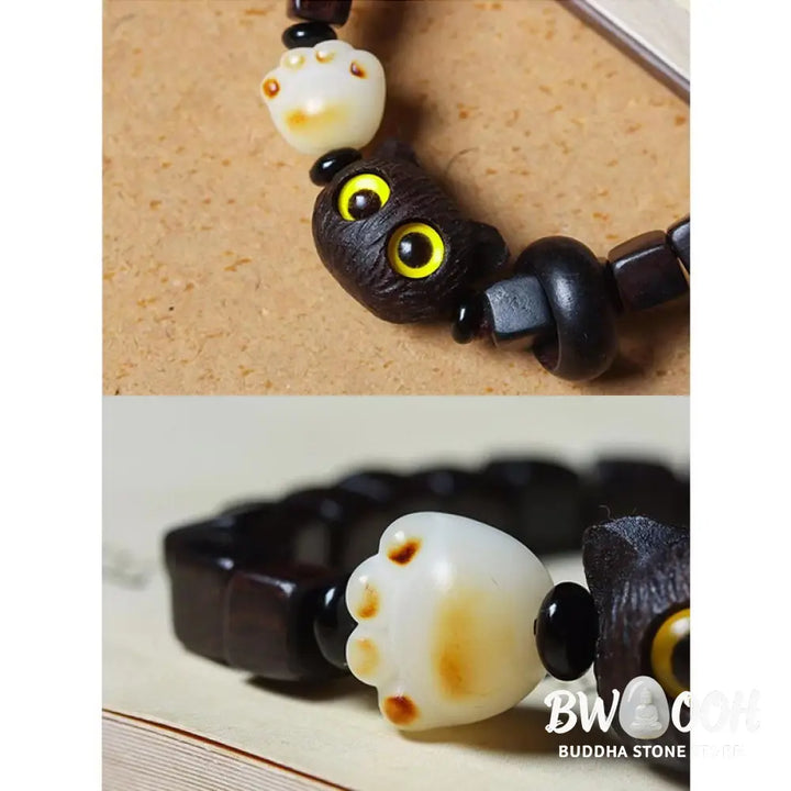 Buddha Stones Ebony Wood Cute Cat Bodhi Seed Paw Claw Square Beads Calm Bracelet - BWOOOH - Ebony