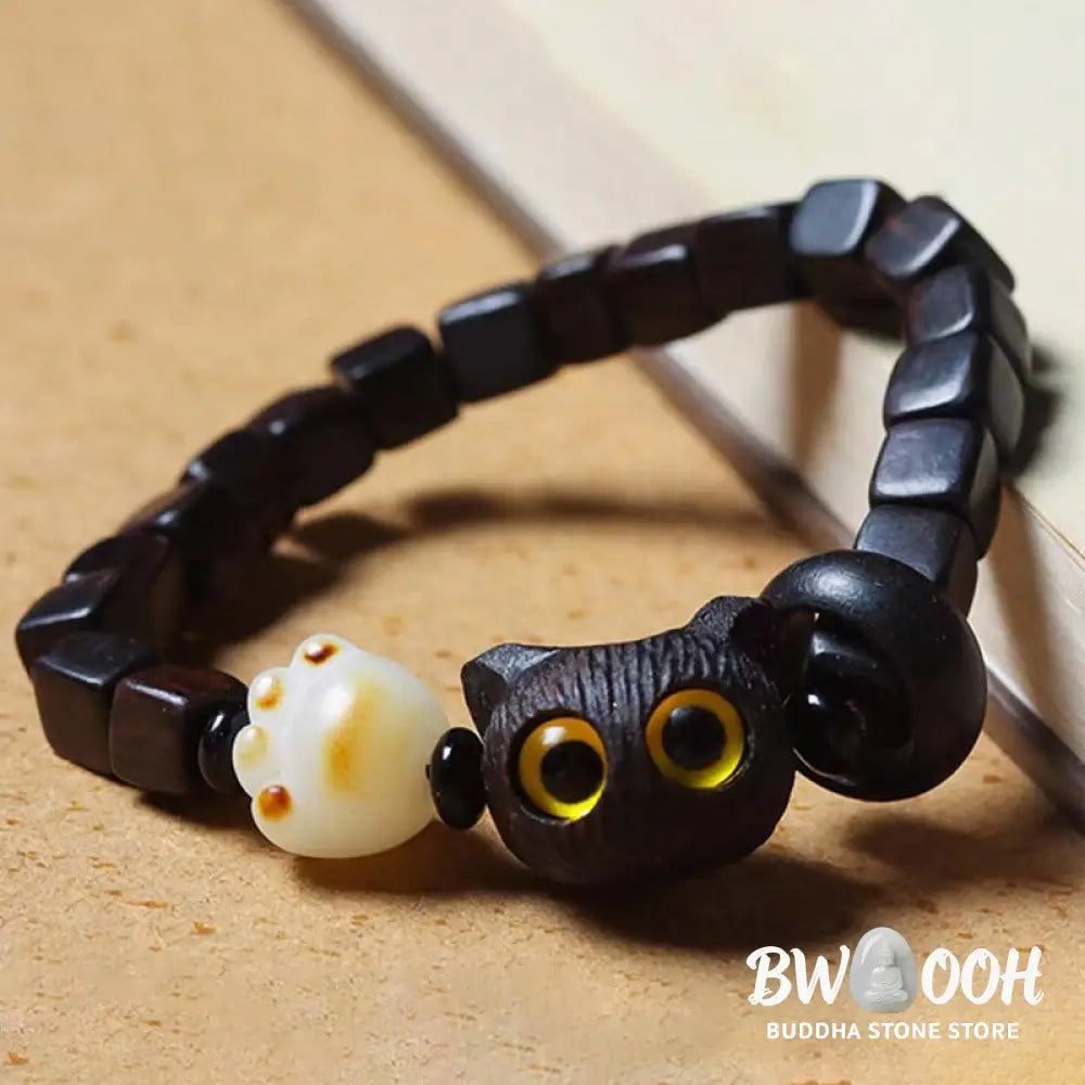 Buddha Stones Ebony Wood Cute Cat Bodhi Seed Paw Claw Square Beads Calm Bracelet - BWOOOH - Ebony