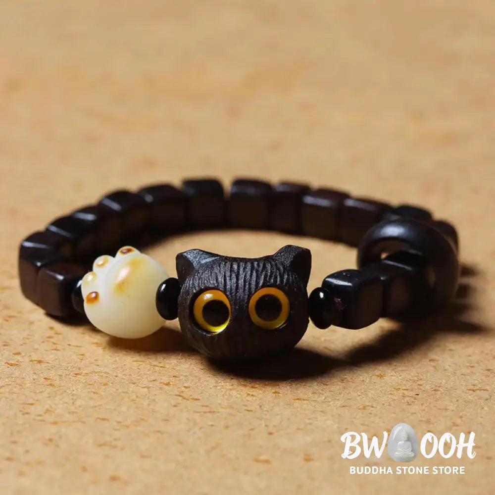 Buddha Stones Ebony Wood Cute Cat Bodhi Seed Paw Claw Square Beads Calm Bracelet - BWOOOH - Ebony