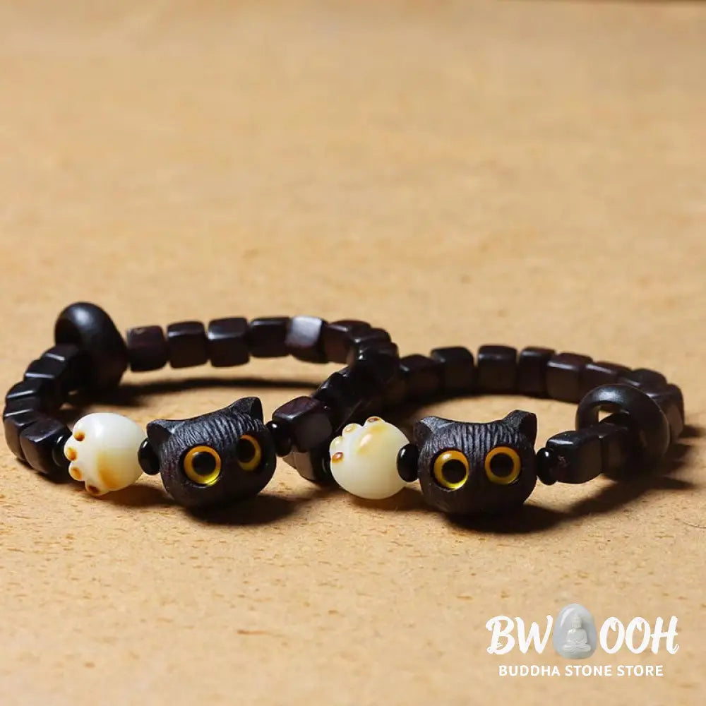 Buddha Stones Ebony Wood Cute Cat Bodhi Seed Paw Claw Square Beads Calm Bracelet - BWOOOH - Ebony