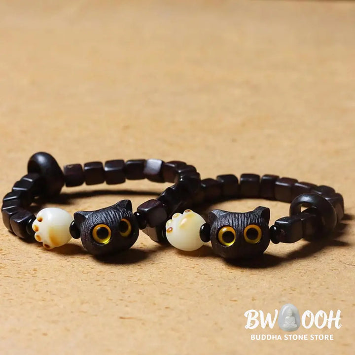 Buddha Stones Ebony Wood Cute Cat Bodhi Seed Paw Claw Square Beads Calm Bracelet - BWOOOH - Ebony