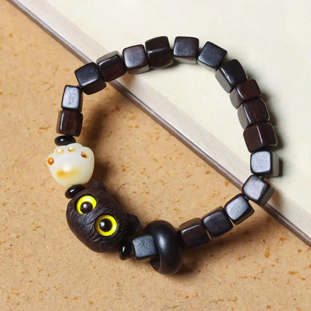 BWOOOH Ebony Wood Cute Cat Bodhi Seed Paw Claw Square Beads Calm Bracelet - BWOOOH - Ebony