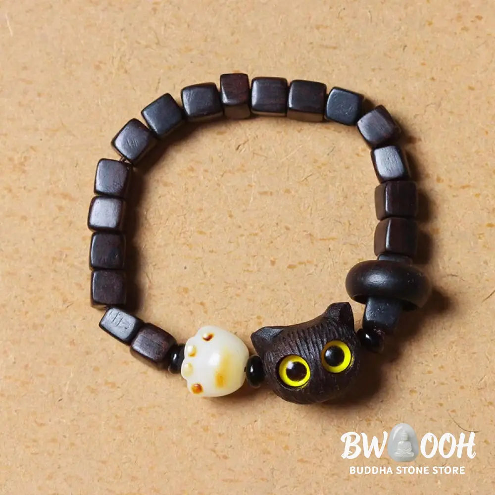 Buddha Stones Ebony Wood Cute Cat Bodhi Seed Paw Claw Square Beads Calm Bracelet - BWOOOH - Ebony