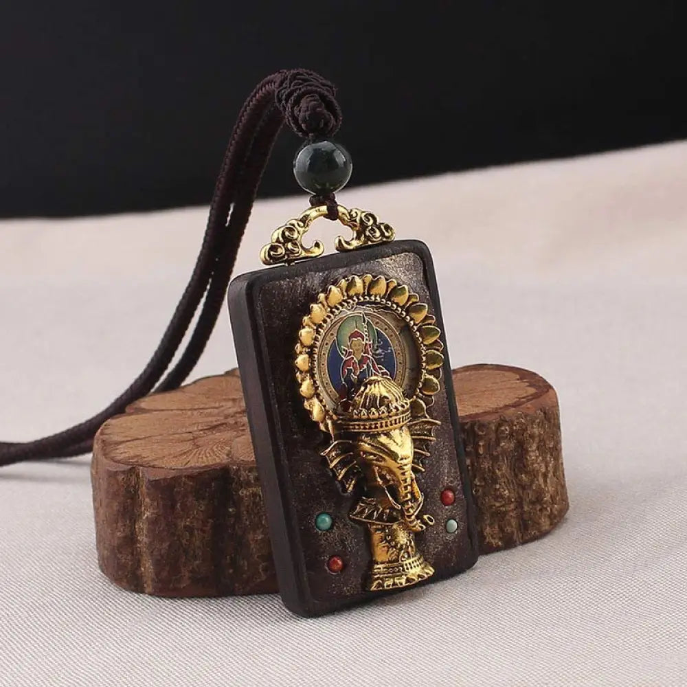 BWOOOH ebony wood elephant god of fortune Buddha blessing necklace string pendant carved spiritual jewelry