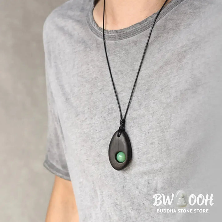 Buddha Stones Ebony Wood Green Aventurine Peace Calm Necklace Pendant - BWOOOH - Ebony Wood Green Aventurine