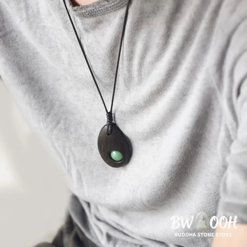 Buddha Stones Ebony Wood Green Aventurine Peace Calm Necklace Pendant - BWOOOH - Ebony Wood Green Aventurine