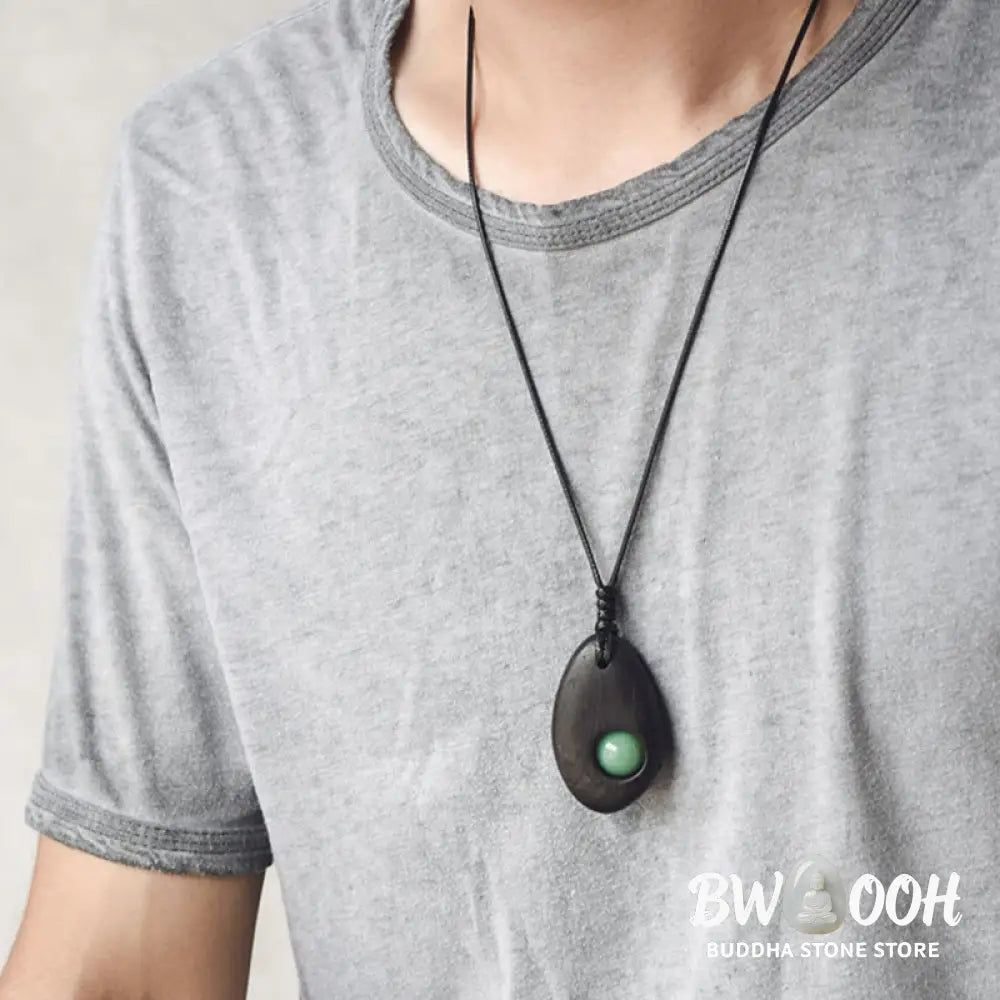 Buddha Stones Ebony Wood Green Aventurine Peace Calm Necklace Pendant - BWOOOH - Ebony Wood Green Aventurine