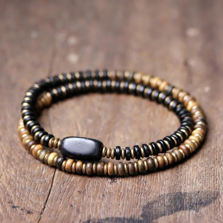 Buddha Stones Ebony Wood Green Sandalwood Copper Brass Calm Double Wrap Bracelet - BWOOOH - Ebony Wood Green Sandalwood