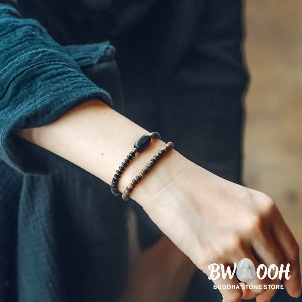 Buddha Stones Ebony Wood Green Sandalwood Copper Brass Calm Double Wrap Bracelet - BWOOOH - Bracelet