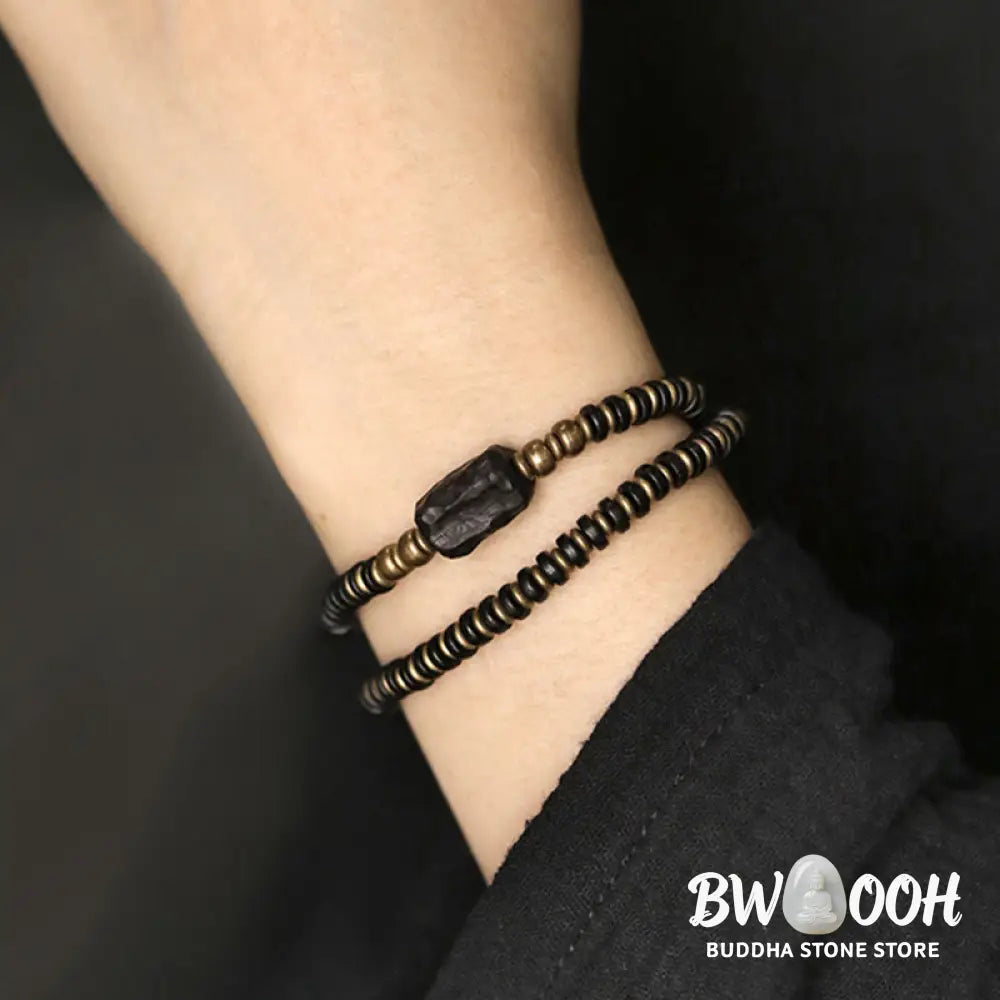 Buddha Stones Ebony Wood Green Sandalwood Copper Brass Calm Double Wrap Bracelet - BWOOOH - Bracelet