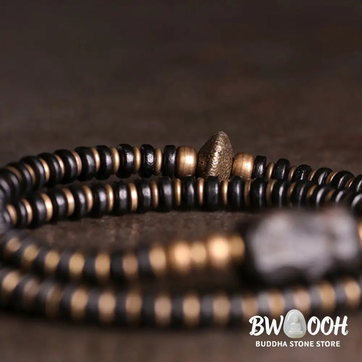 Buddha Stones Ebony Wood Green Sandalwood Copper Brass Calm Double Wrap Bracelet - BWOOOH - Bracelet