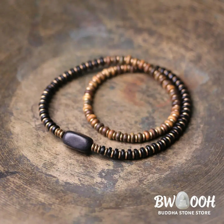 Buddha Stones Ebony Wood Green Sandalwood Copper Brass Calm Double Wrap Bracelet - BWOOOH - Bracelet