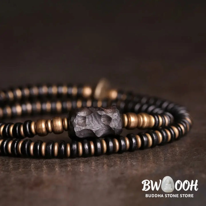 Buddha Stones Ebony Wood Green Sandalwood Copper Brass Calm Double Wrap Bracelet - BWOOOH - Bracelet