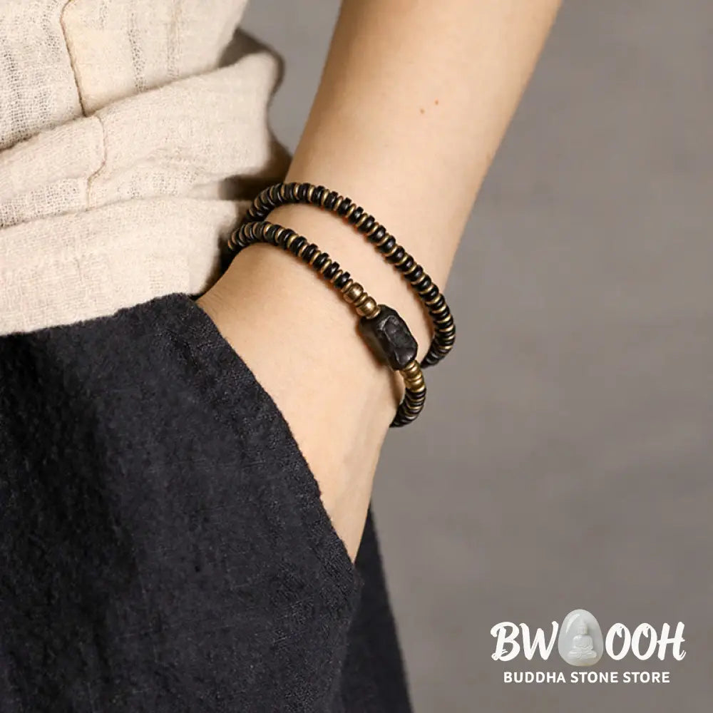 Buddha Stones Ebony Wood Green Sandalwood Copper Brass Calm Double Wrap Bracelet - BWOOOH - Bracelet