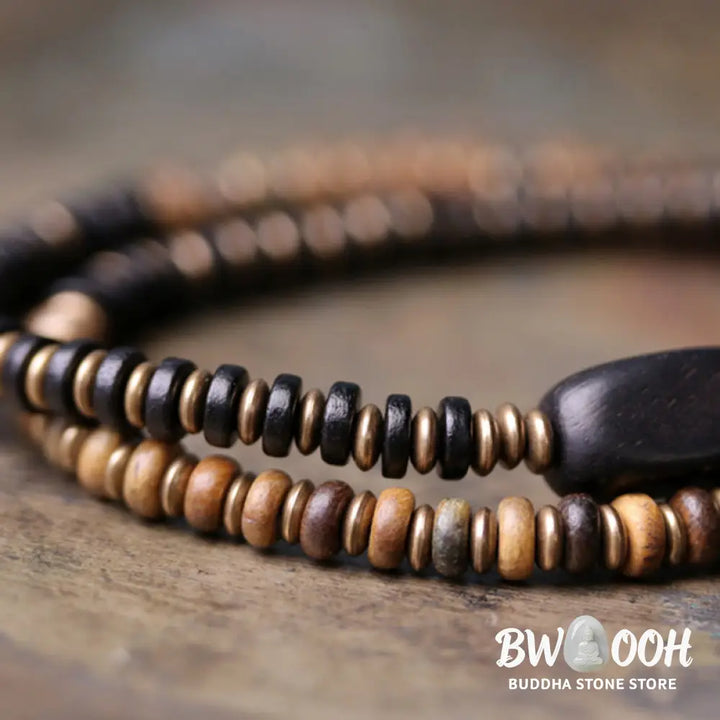 Buddha Stones Ebony Wood Green Sandalwood Copper Brass Calm Double Wrap Bracelet - BWOOOH - Bracelet