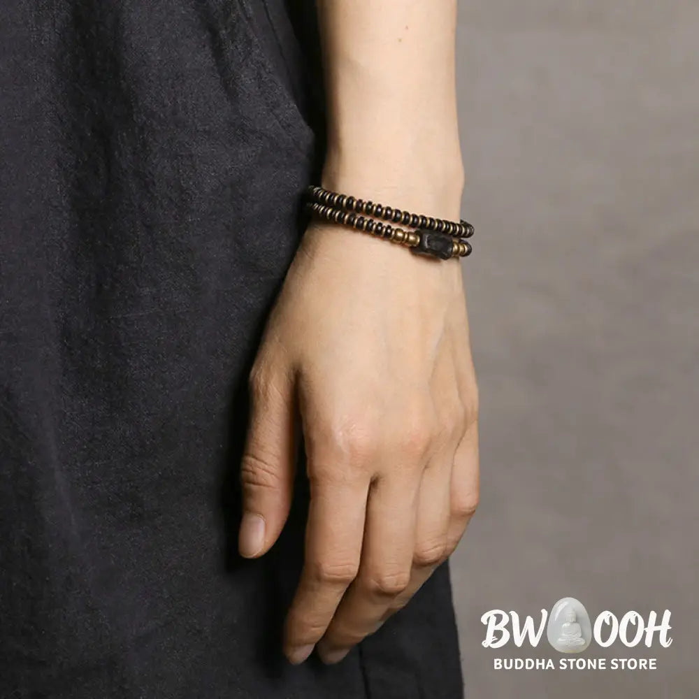 Buddha Stones Ebony Wood Green Sandalwood Copper Brass Calm Double Wrap Bracelet - BWOOOH - Bracelet