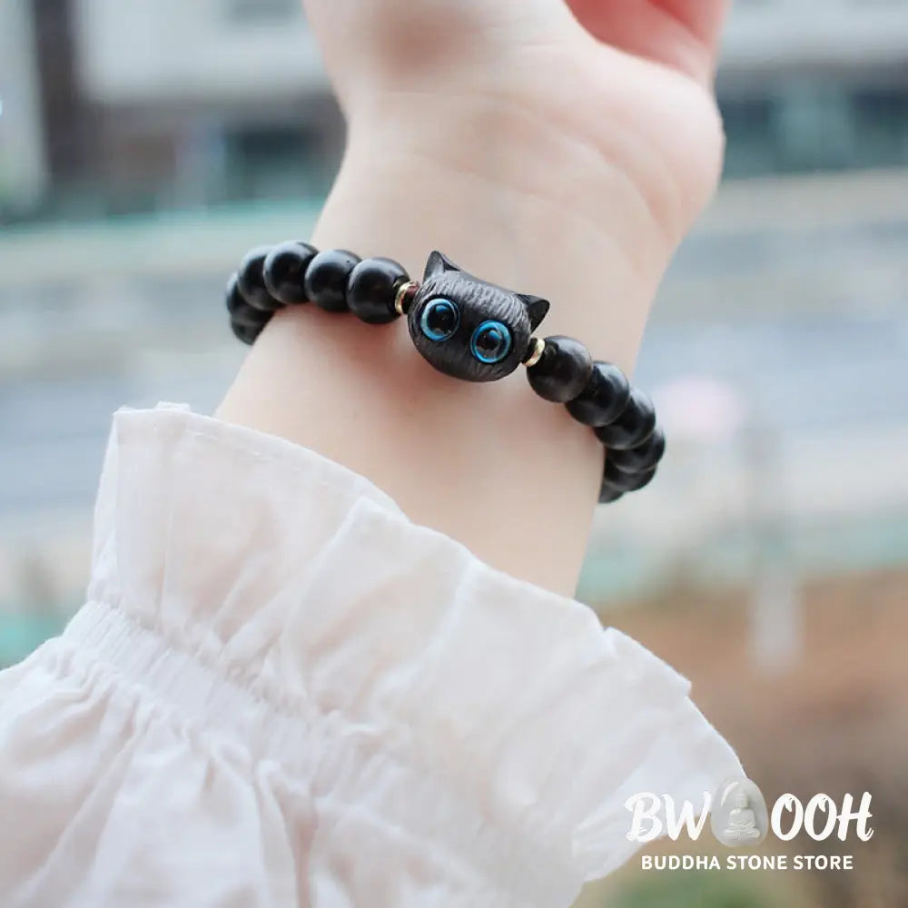 Buddha Stones Ebony Wood Green Sandalwood Cute Cat Peace Bracelet - BWOOOH - Bracelet