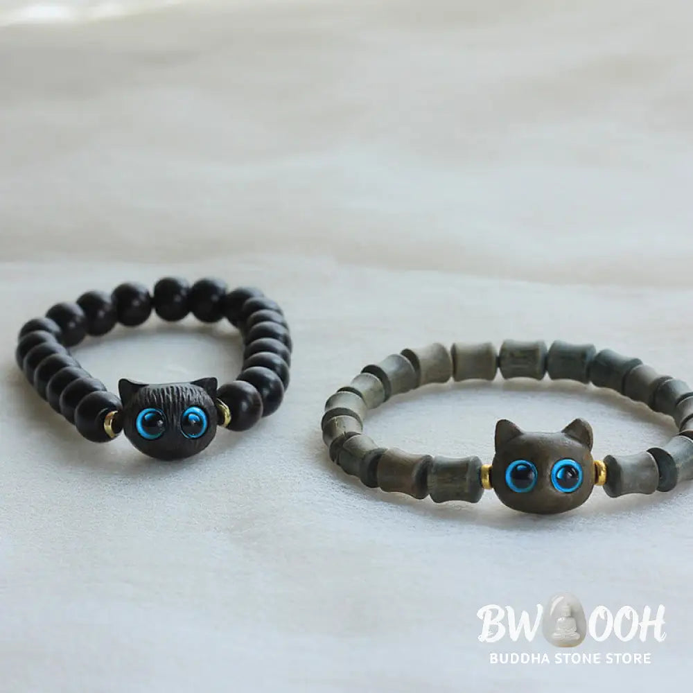 Buddha Stones Ebony Wood Green Sandalwood Cute Cat Peace Bracelet - BWOOOH - Bracelet